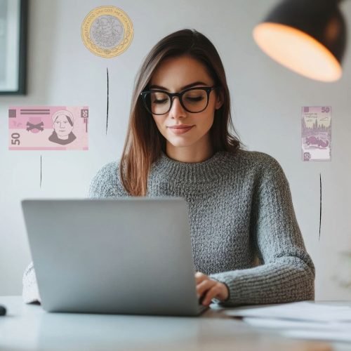 Mujer ejecutiva revisando su ahorro personal en una laptop dentro de una oficina iluminada, simbolizando estabilidad financiera y planificación a mediano plazo del Seguro Vida Mujer.